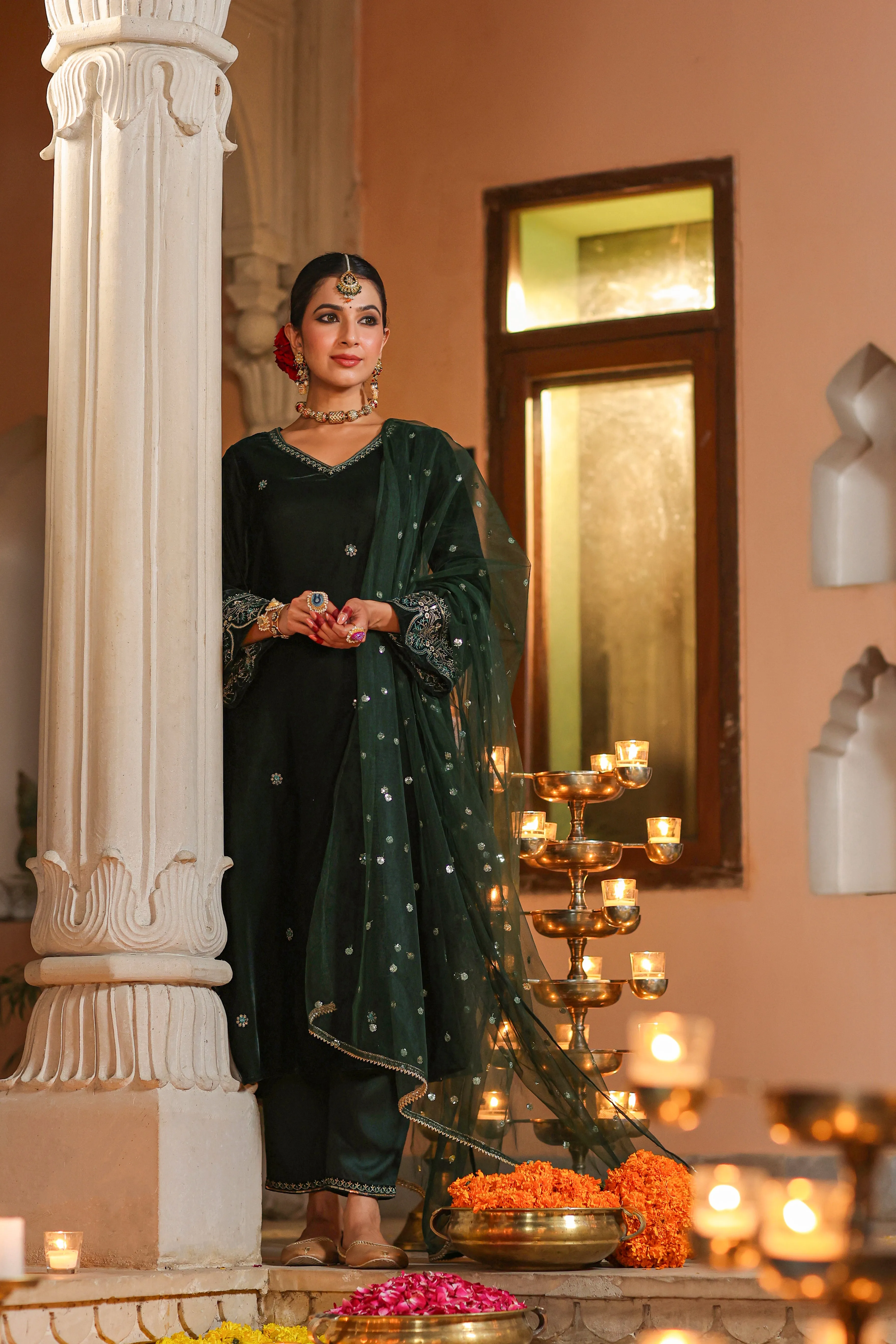 Women Bottlegreen Velvet Embroidered Kurta, Pants & Dupatta Set