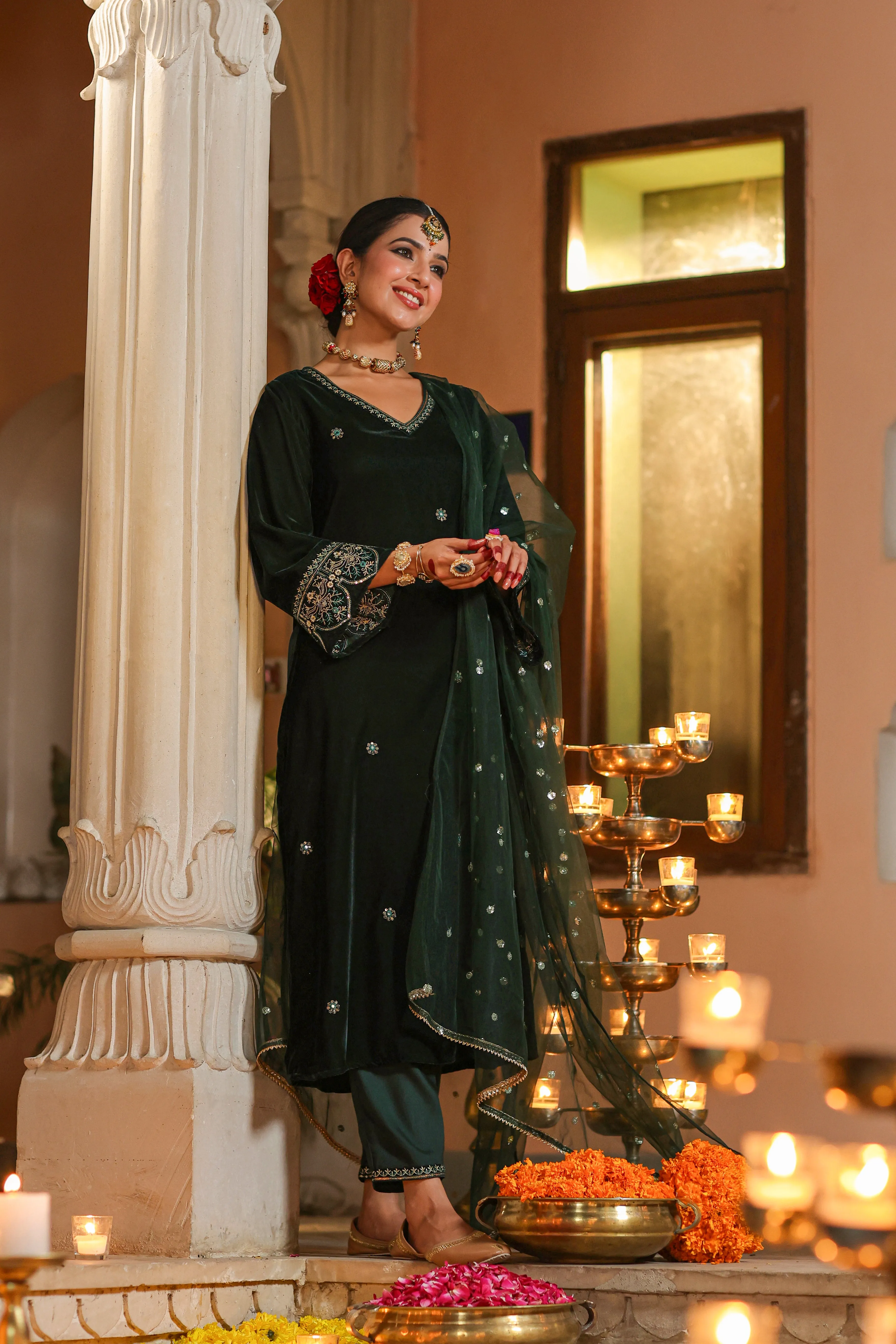 Women Bottlegreen Velvet Embroidered Kurta, Pants & Dupatta Set