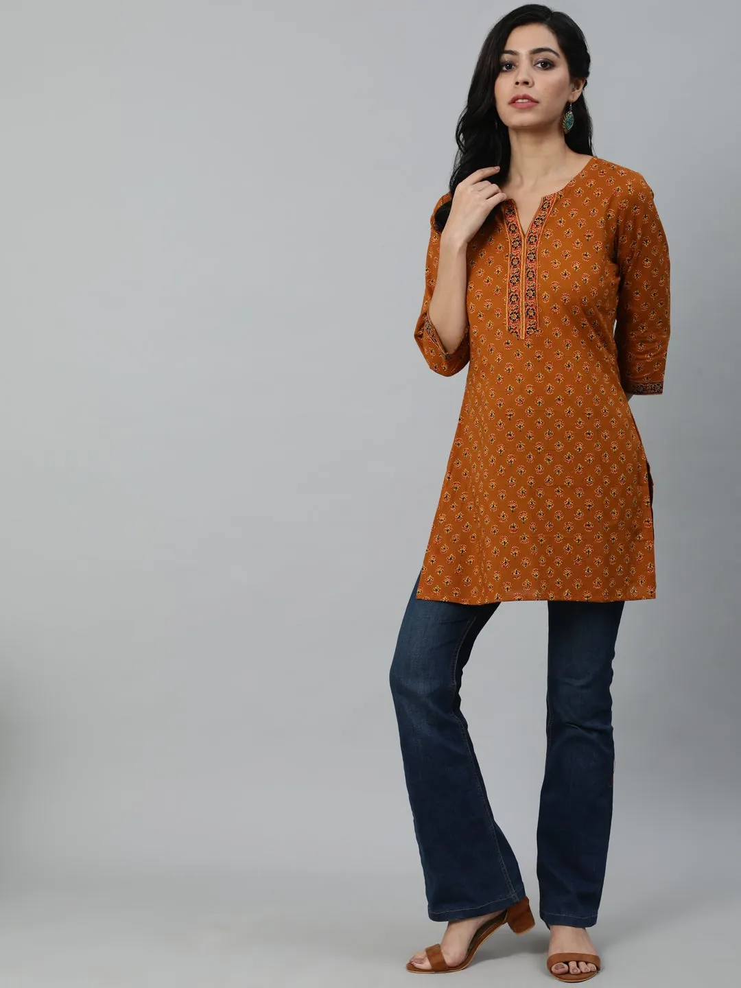 Women Mustard & Red Printed Tunic