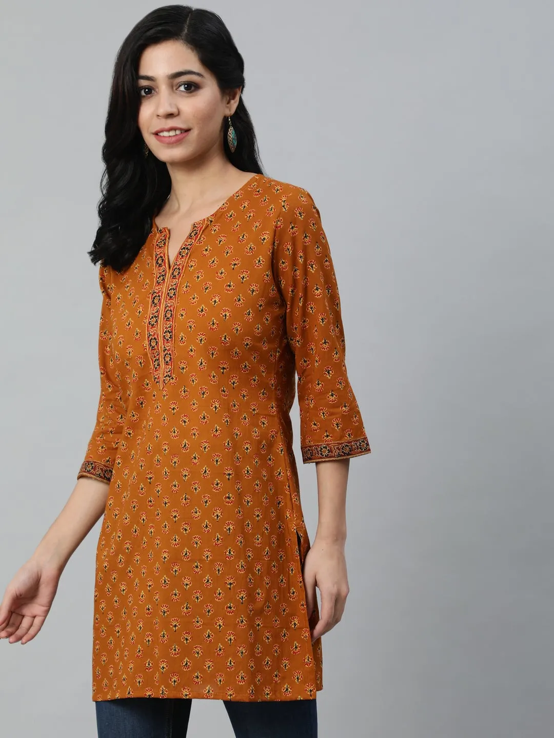 Women Mustard & Red Printed Tunic