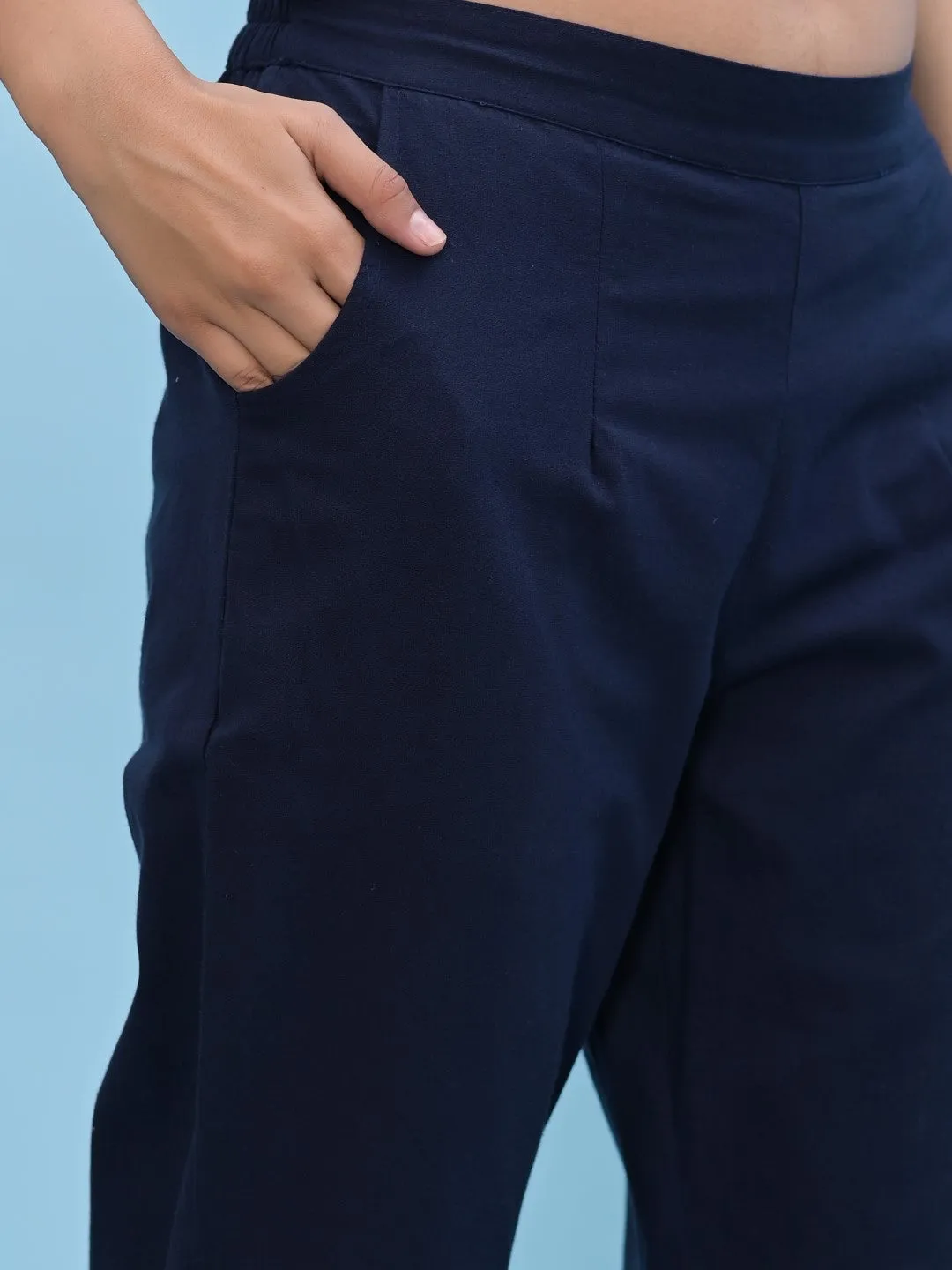 Women Navy Blue Solid Cotton Pants With Partially Elasticated Waistband And Two Side Pockets