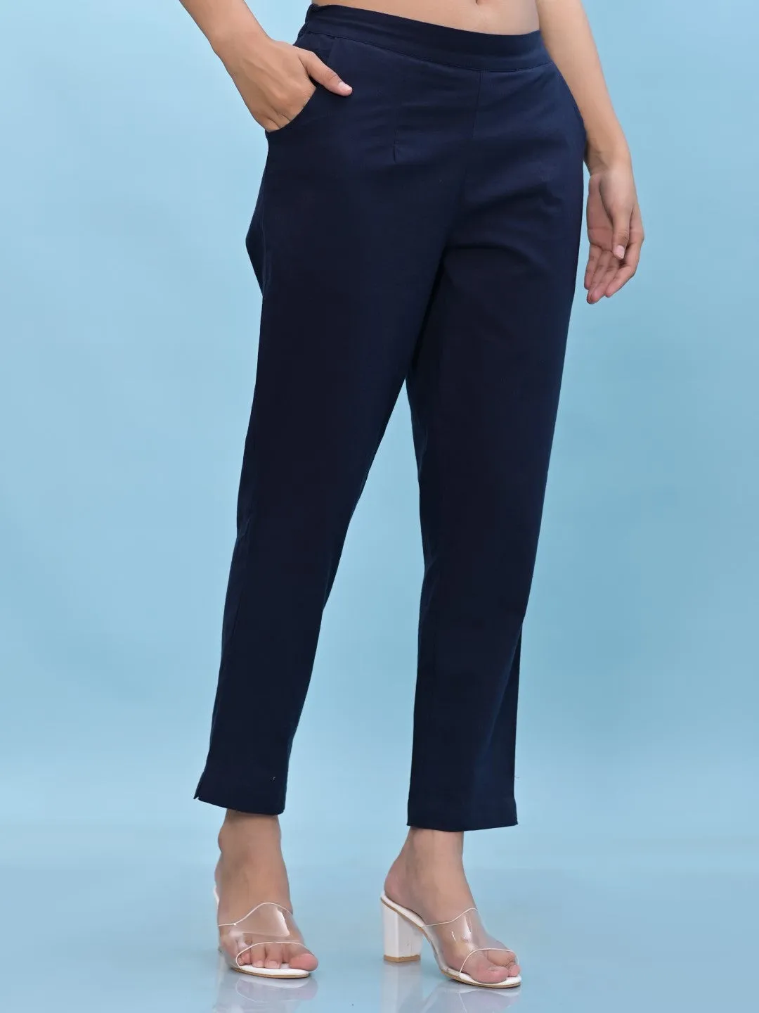 Women Navy Blue Solid Cotton Pants With Partially Elasticated Waistband And Two Side Pockets