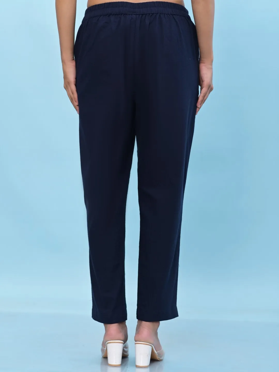 Women Navy Blue Solid Cotton Pants With Partially Elasticated Waistband And Two Side Pockets