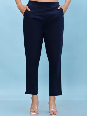 Women Navy Blue Solid Cotton Pants With Partially Elasticated Waistband And Two Side Pockets