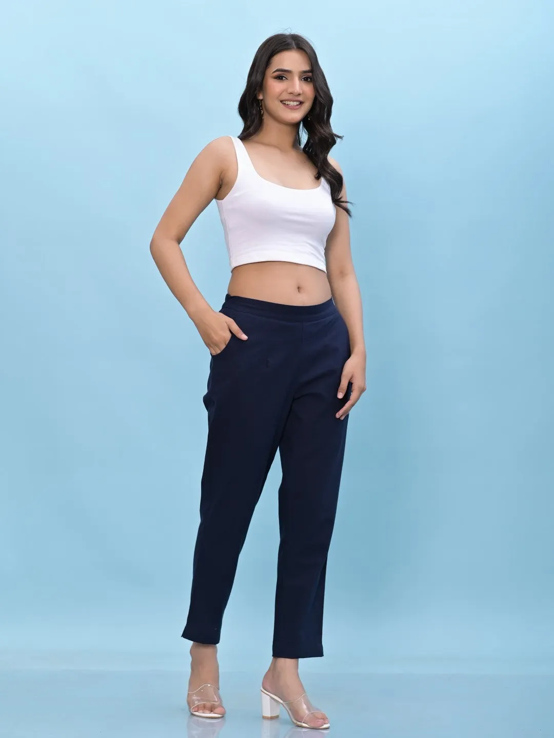 Women Navy Blue Solid Cotton Pants With Partially Elasticated Waistband And Two Side Pockets