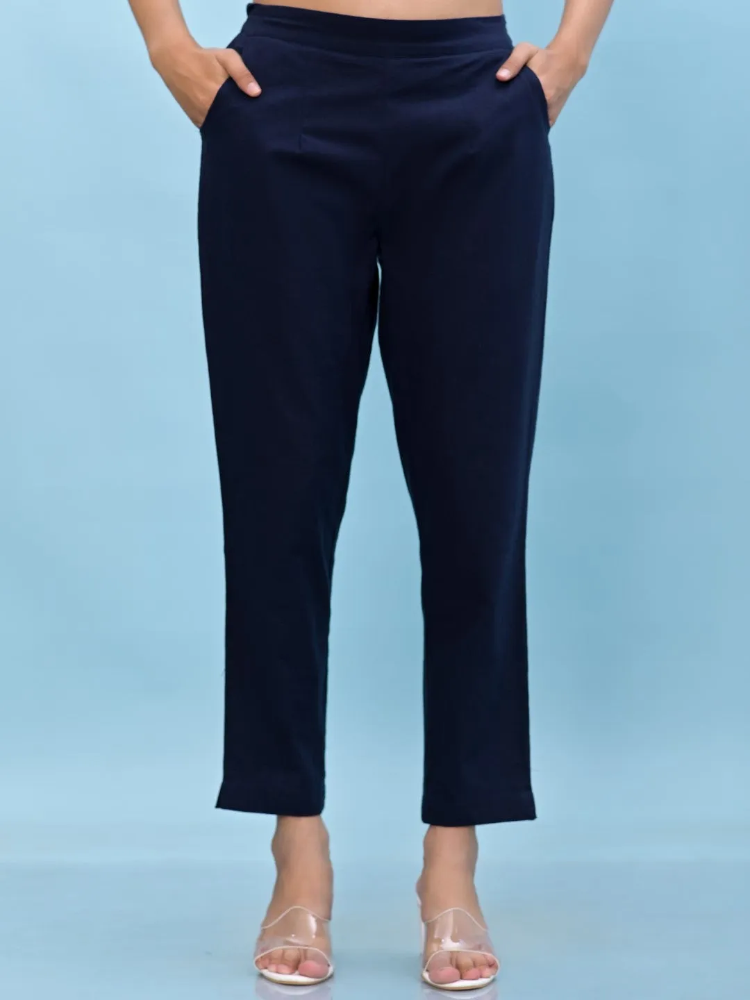 Women Navy Blue Solid Cotton Pants With Partially Elasticated Waistband And Two Side Pockets