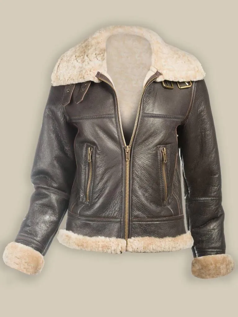 Womens Brown B3 Bomber Aviator Shearling Jacket