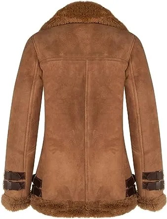 Women's Brown Sheepskin Biker Merino Shearling Aviator Leather Jacket