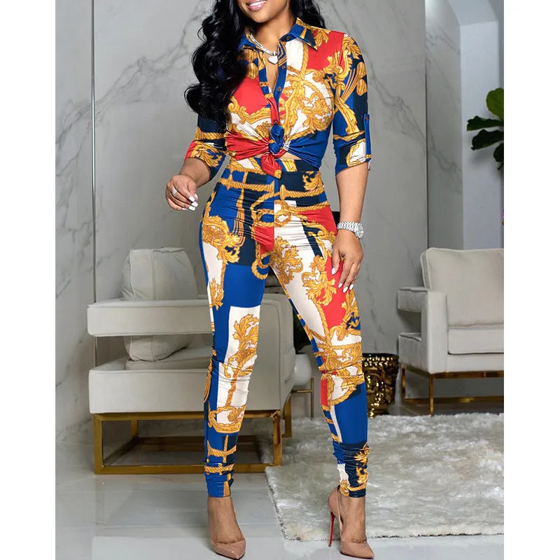 Women's Color Matching Printed Long-sleeved Lapel Shirt And Casual Pants Two-piece Suit