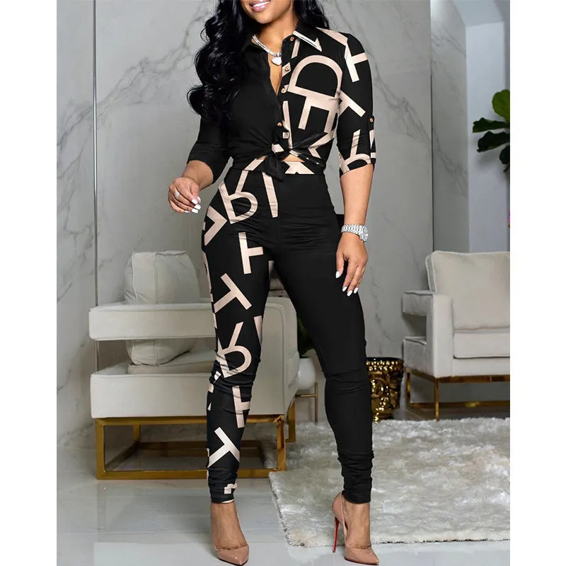 Women's Color Matching Printed Long-sleeved Lapel Shirt And Casual Pants Two-piece Suit