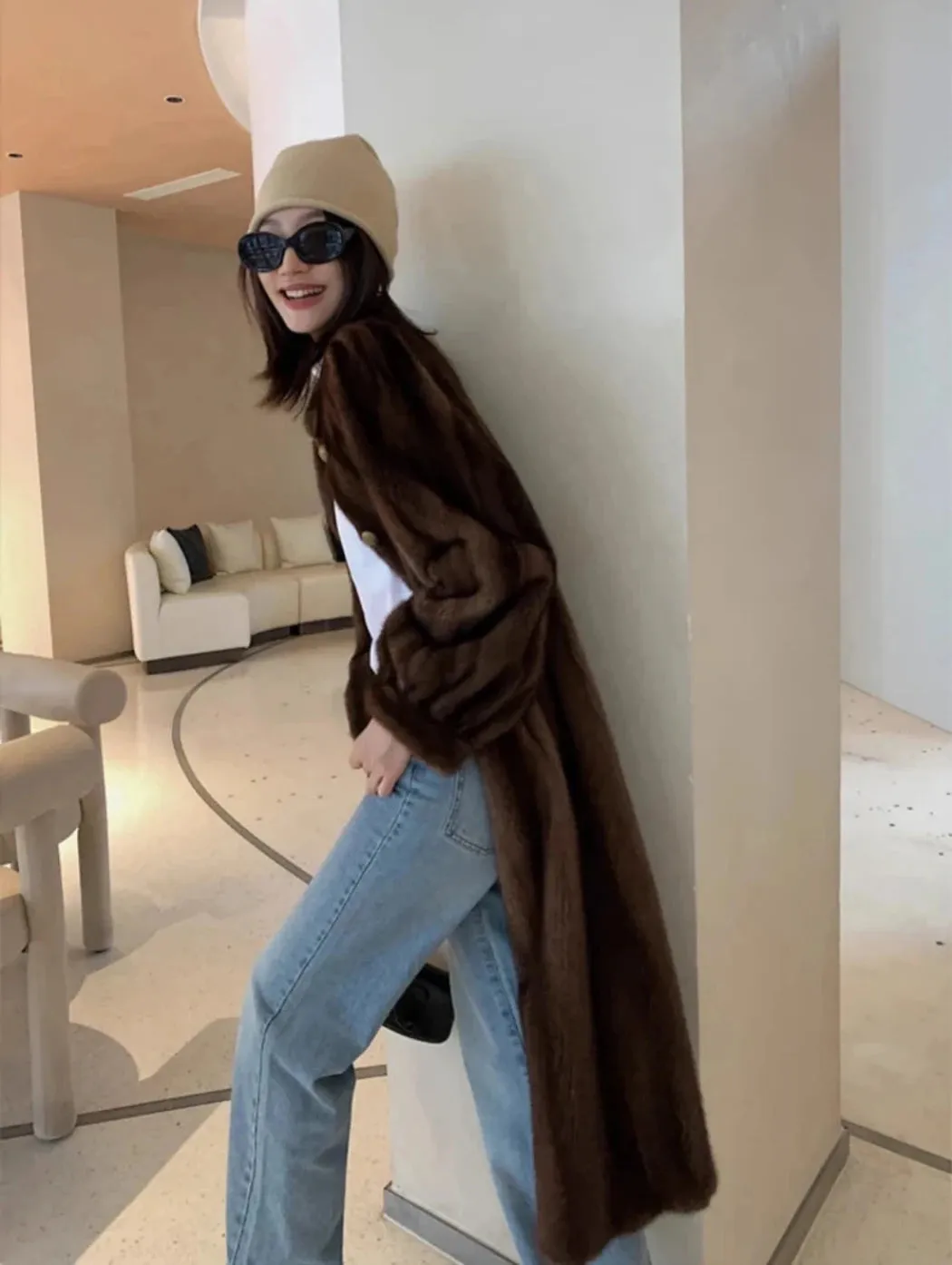 Women's Cozy Luxury Brown Faux Mink Fur Coat