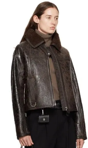 Women's Dark Brown Distressed Shearling Leather Jacket