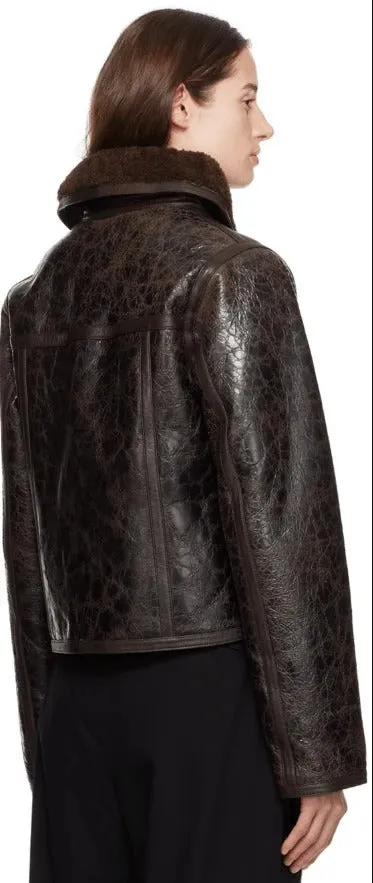 Women's Dark Brown Distressed Shearling Leather Jacket