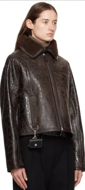 Women's Dark Brown Distressed Shearling Leather Jacket