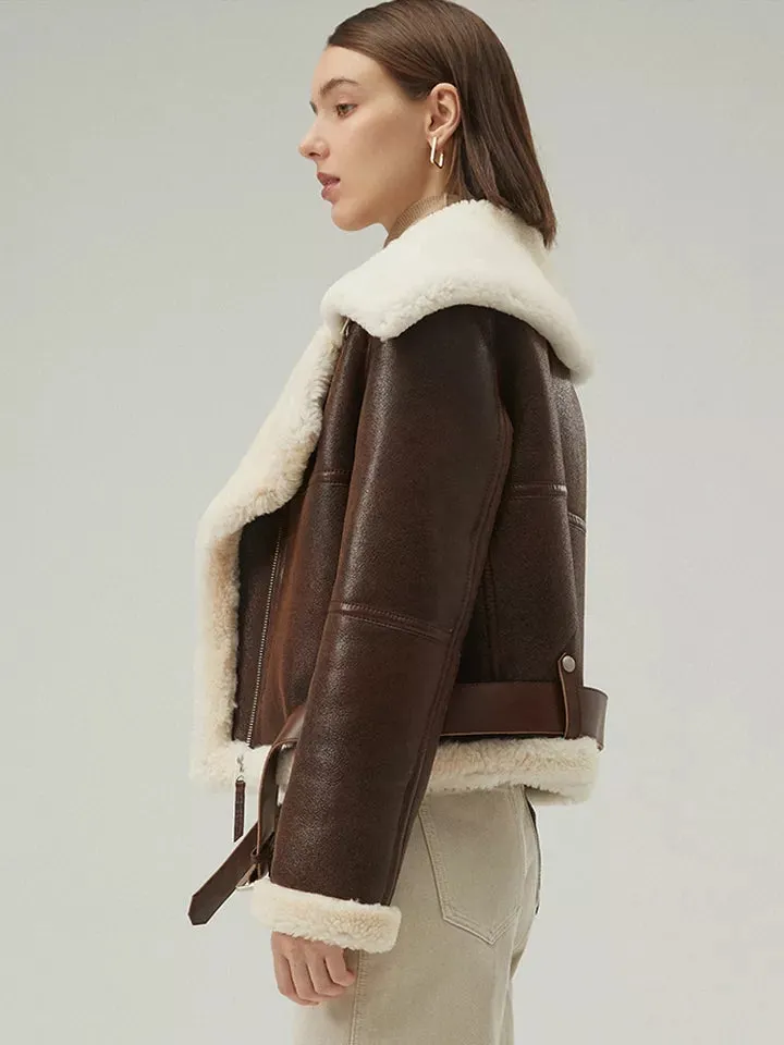 Women’s Dark Brown Leather Shearling Coat Aviator Jacket