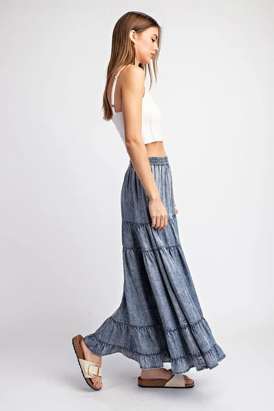 Women's Denim Maxi Skirt – Tiered Ruffled A-Line Long Skirt