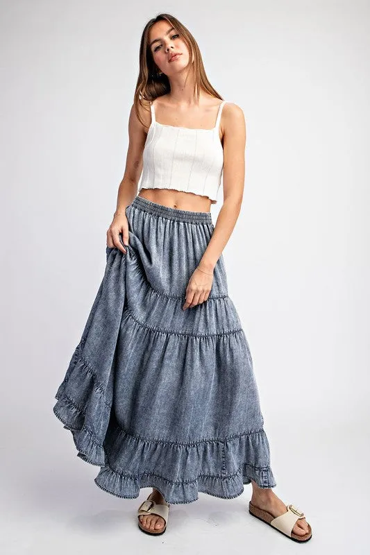 Women's Denim Maxi Skirt – Tiered Ruffled A-Line Long Skirt