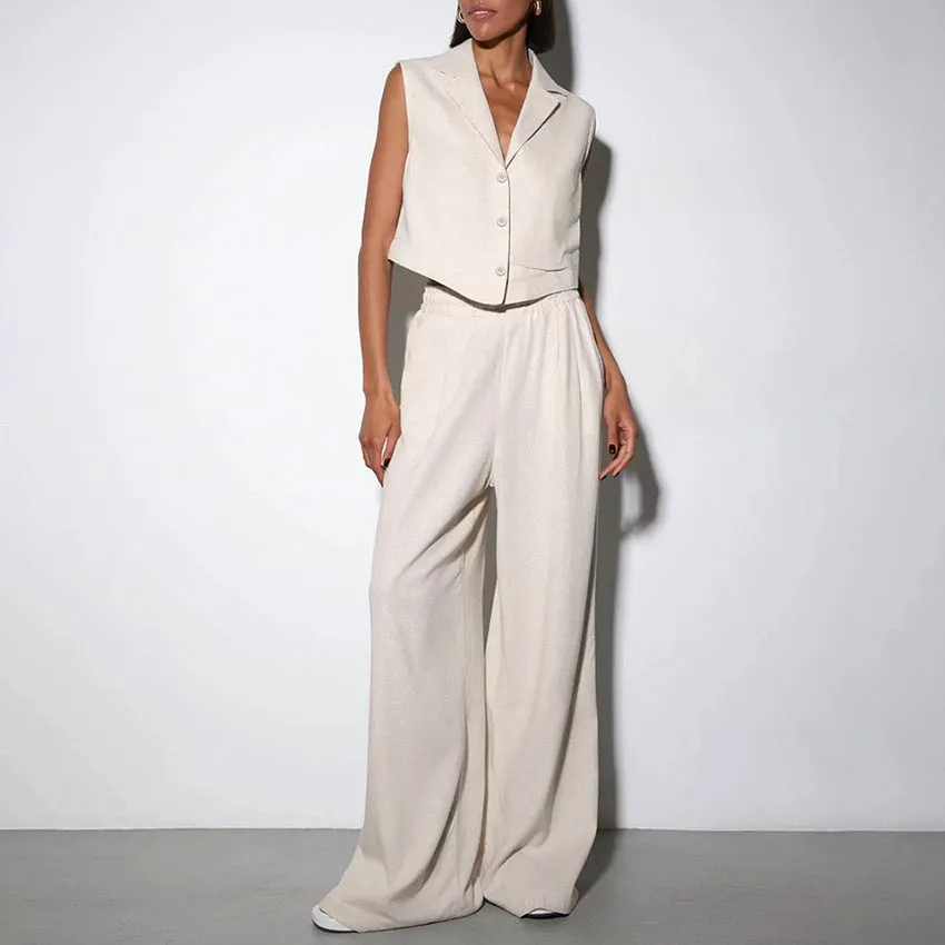 Women's High Waist Wide Leg Pants and Sleeveless Button-Up Vest Outfit Set