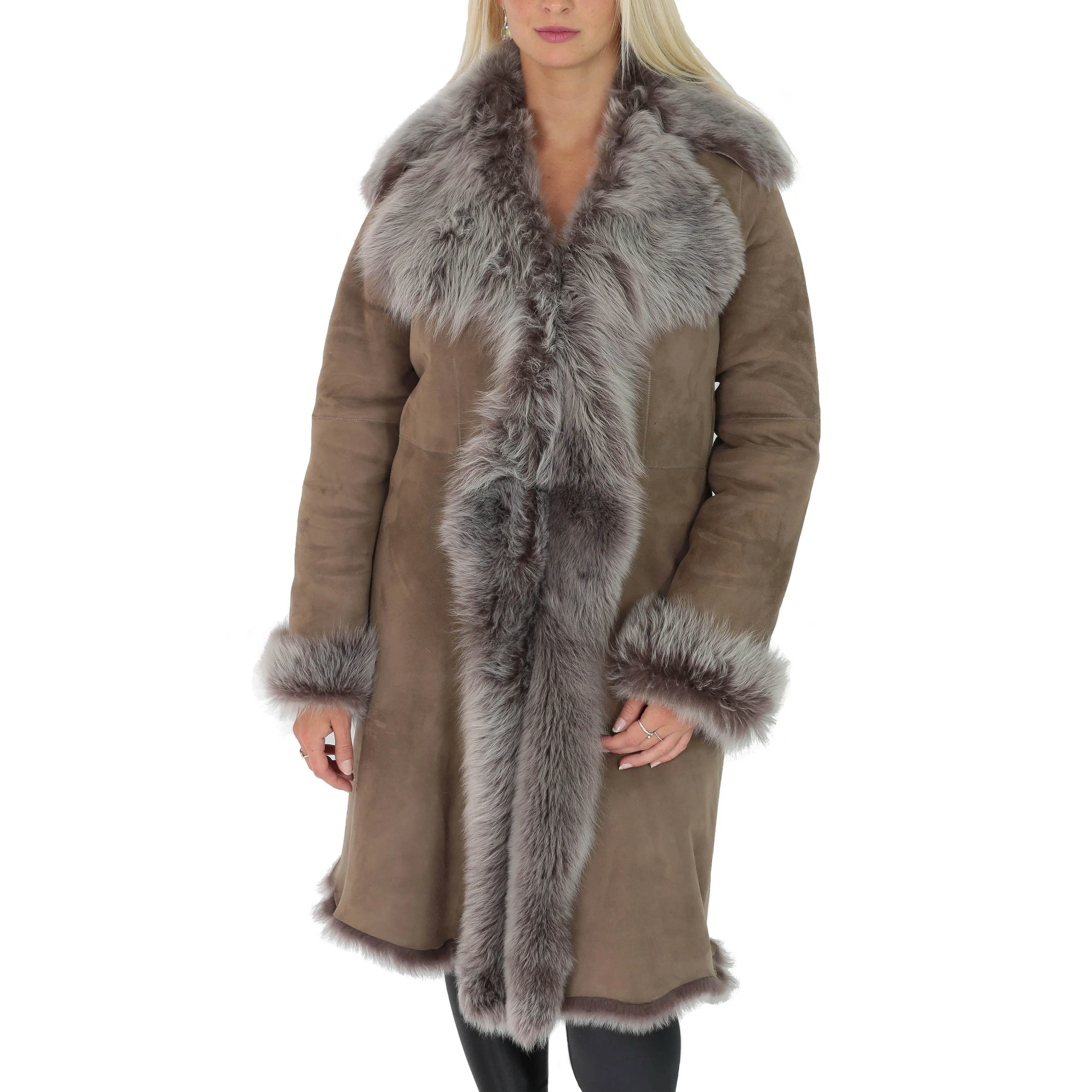 Womens Luxurious Toscana Long Coat Real Sheepskin Pamela Taupe