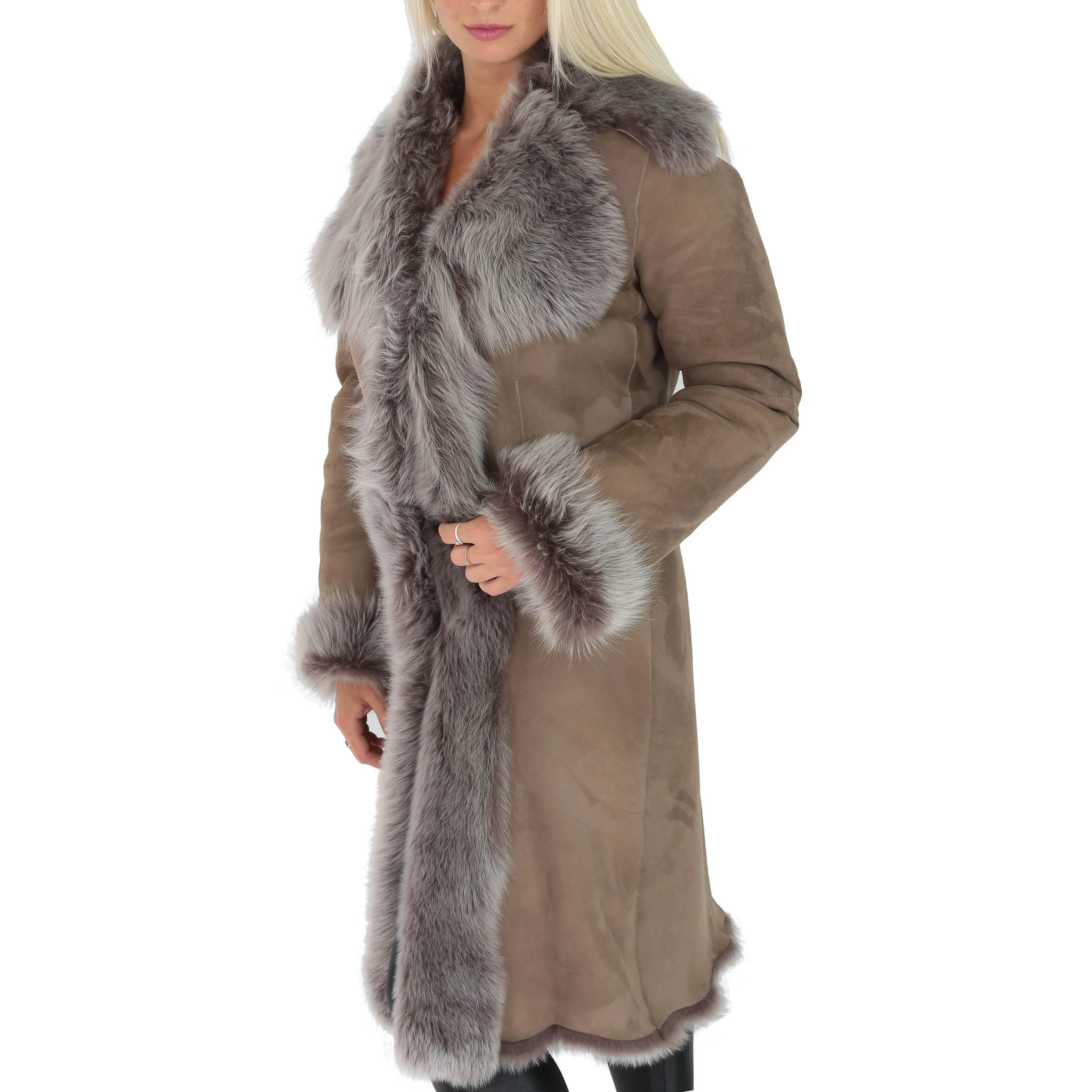 Womens Luxurious Toscana Long Coat Real Sheepskin Pamela Taupe