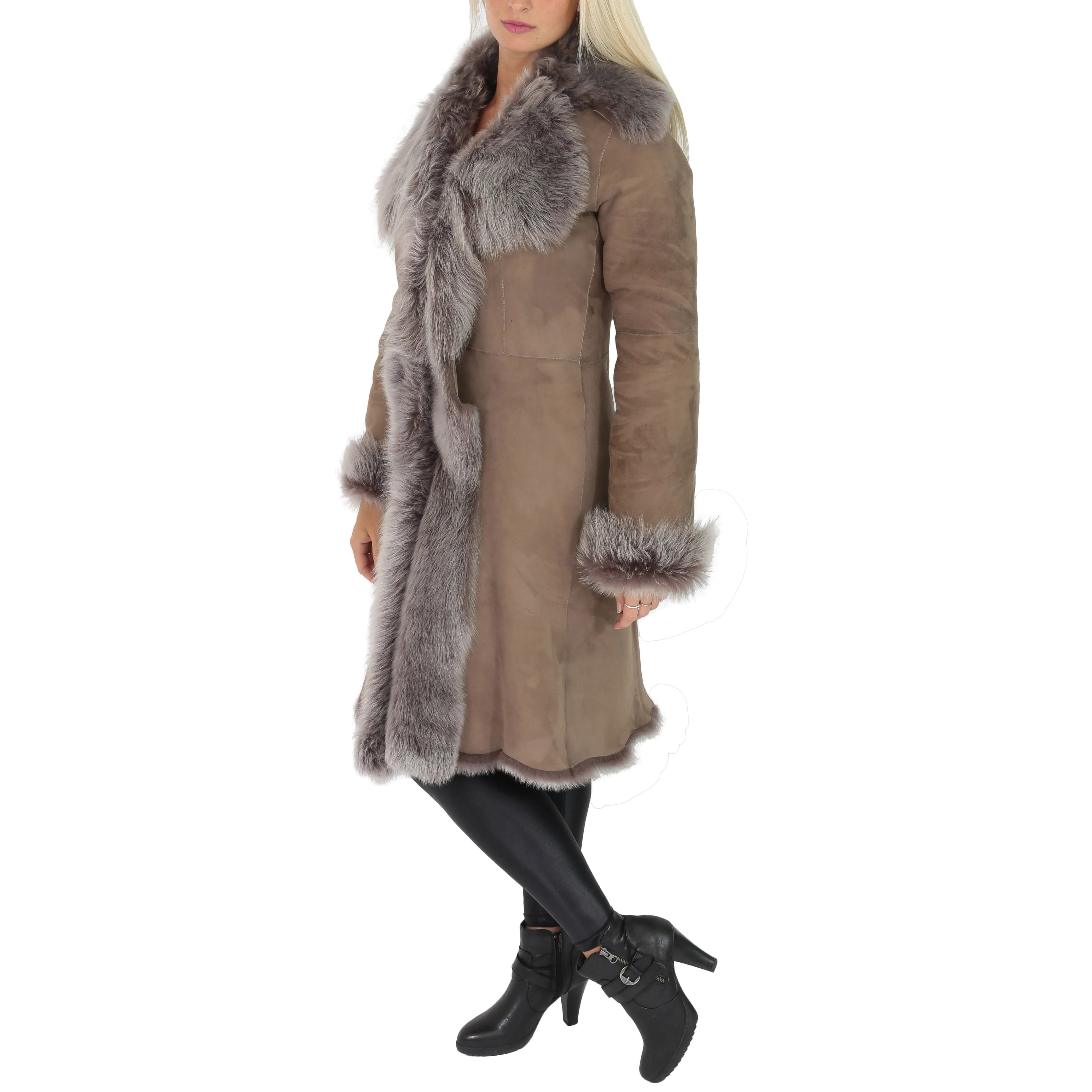 Womens Luxurious Toscana Long Coat Real Sheepskin Pamela Taupe