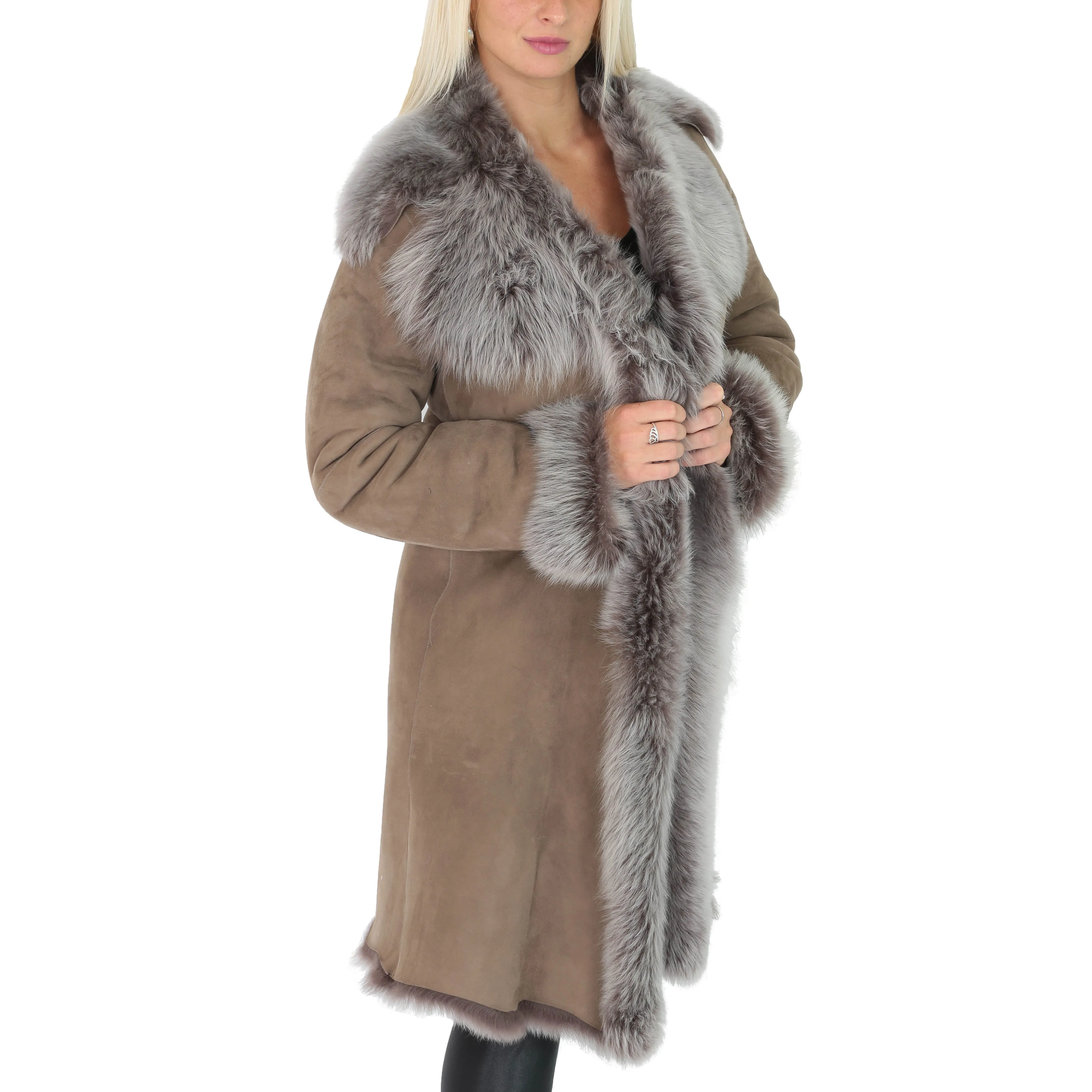 Womens Luxurious Toscana Long Coat Real Sheepskin Pamela Taupe