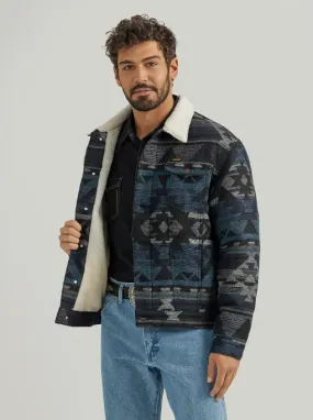 Wrangler Men's Navy Waters Jacquard Aztec Print Sherpa Lined Trucker Jacket 112352866