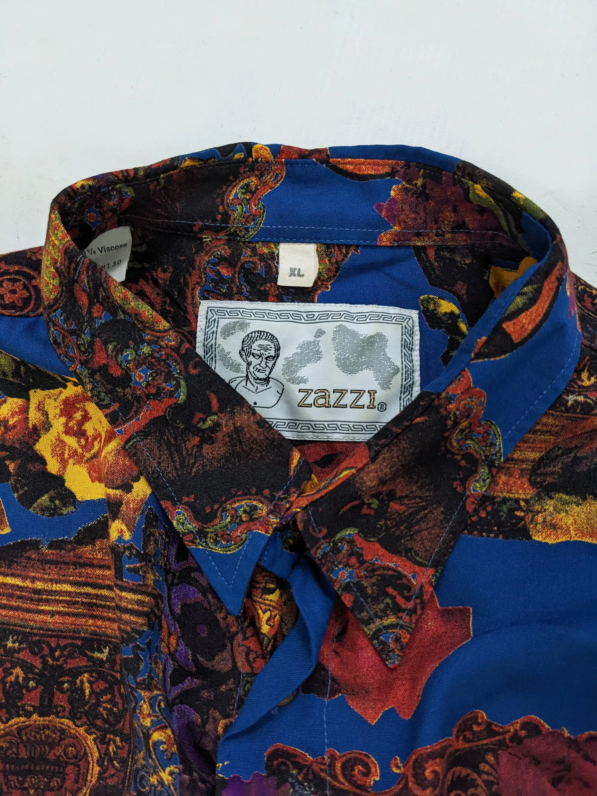 Zazzi Vintage Mens Blue Viscose Cherub Print Long Sleeve Shirt, 1980s