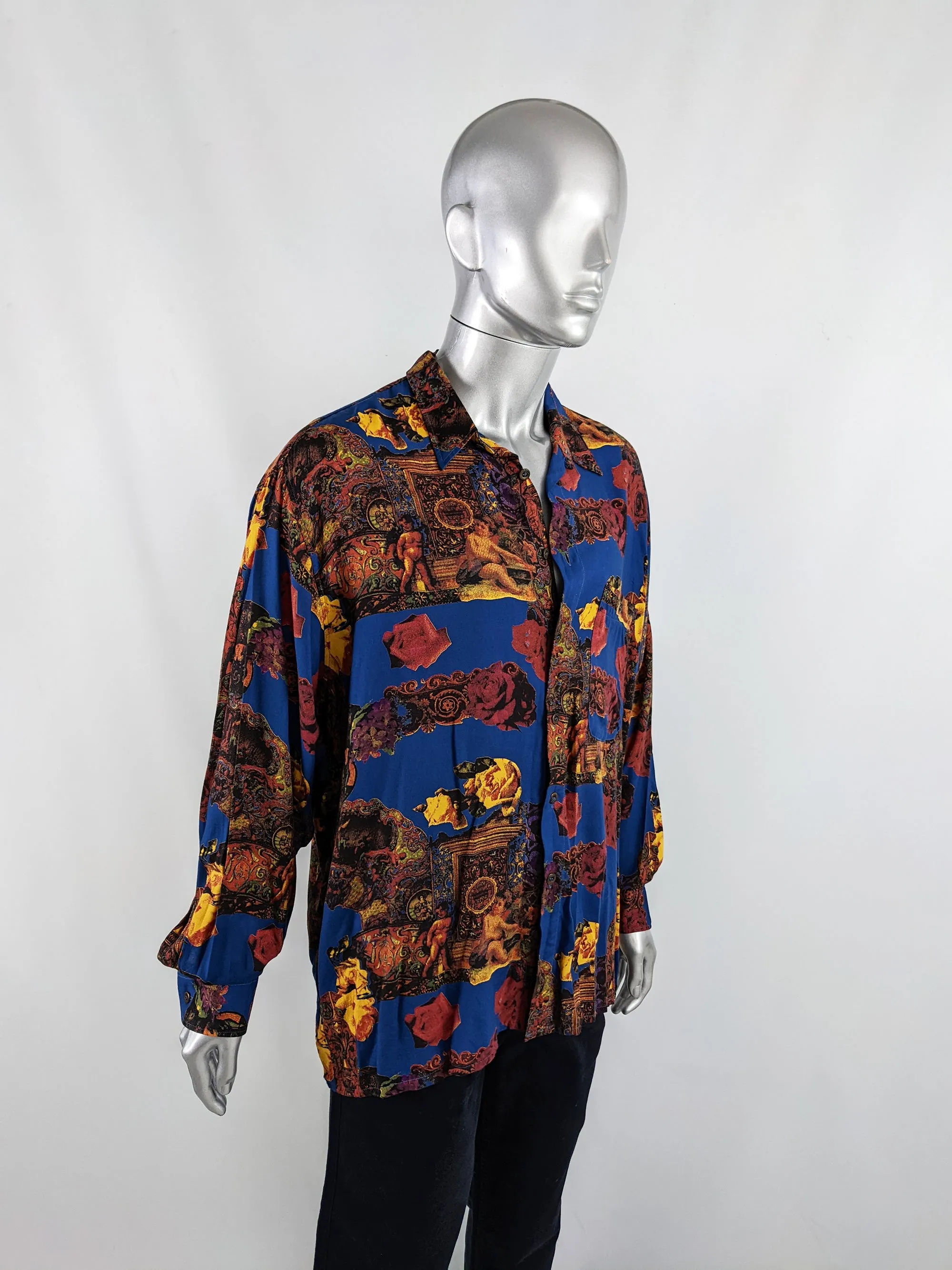 Zazzi Vintage Mens Blue Viscose Cherub Print Long Sleeve Shirt, 1980s