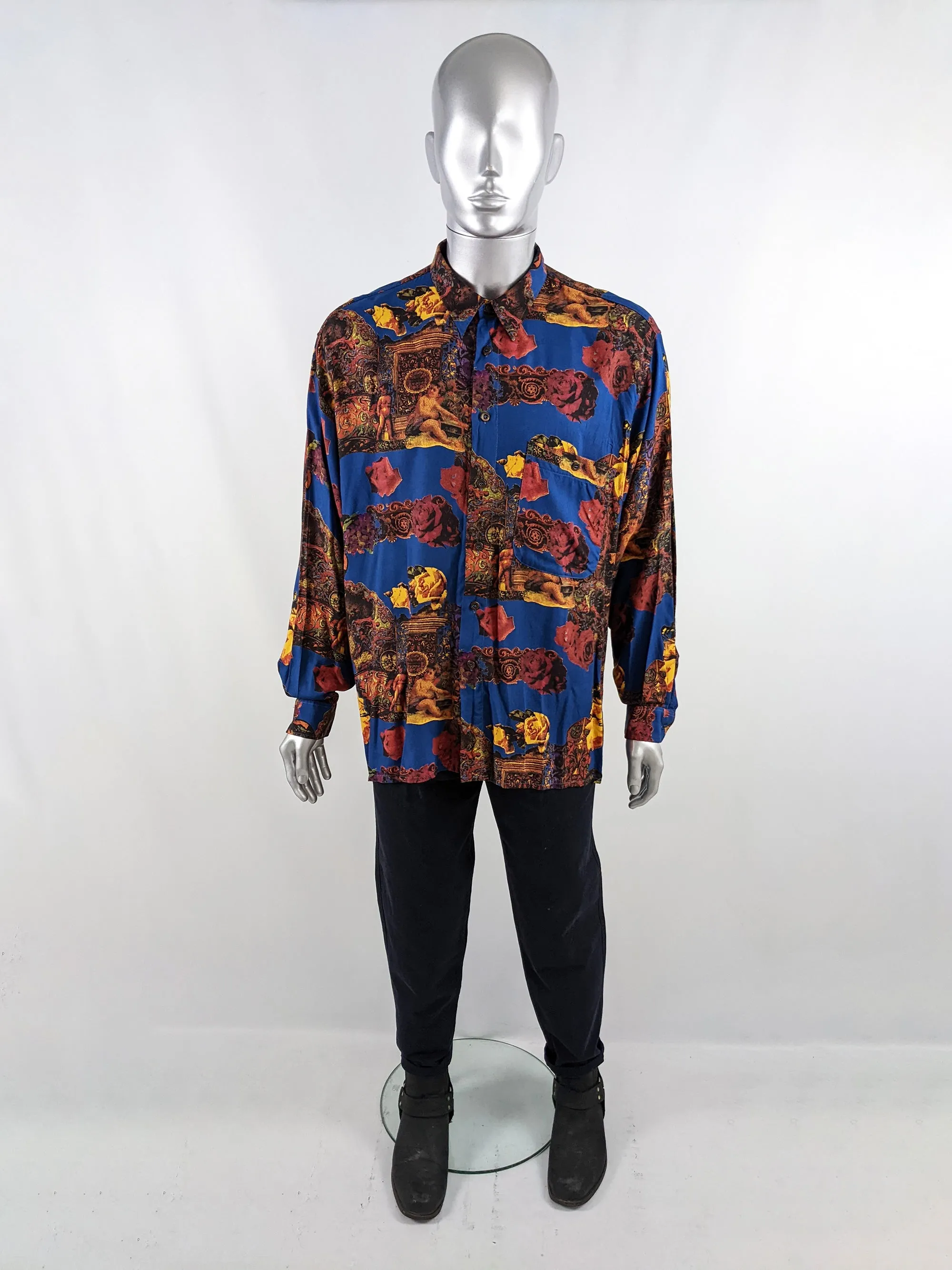 Zazzi Vintage Mens Blue Viscose Cherub Print Long Sleeve Shirt, 1980s