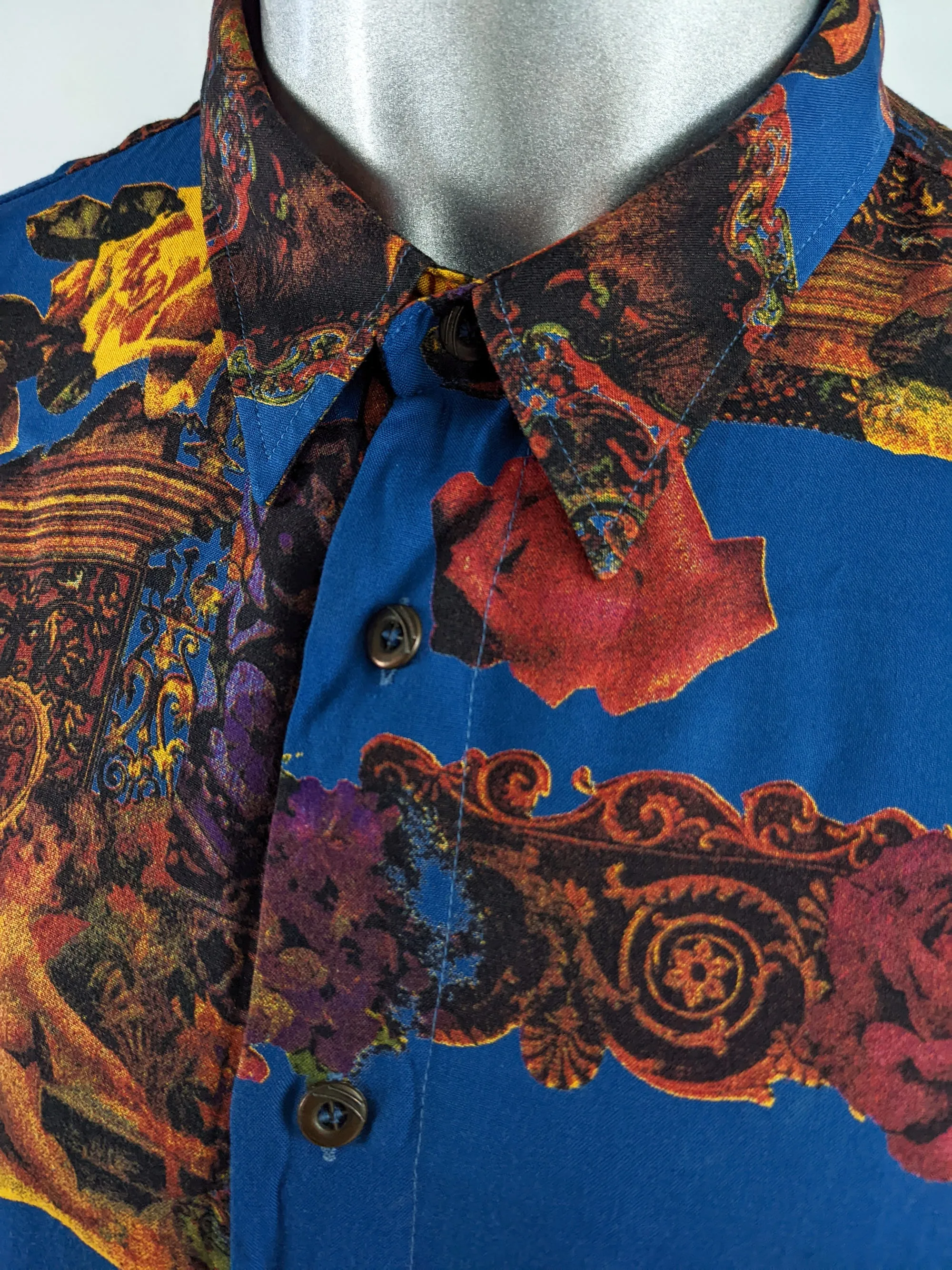 Zazzi Vintage Mens Blue Viscose Cherub Print Long Sleeve Shirt, 1980s