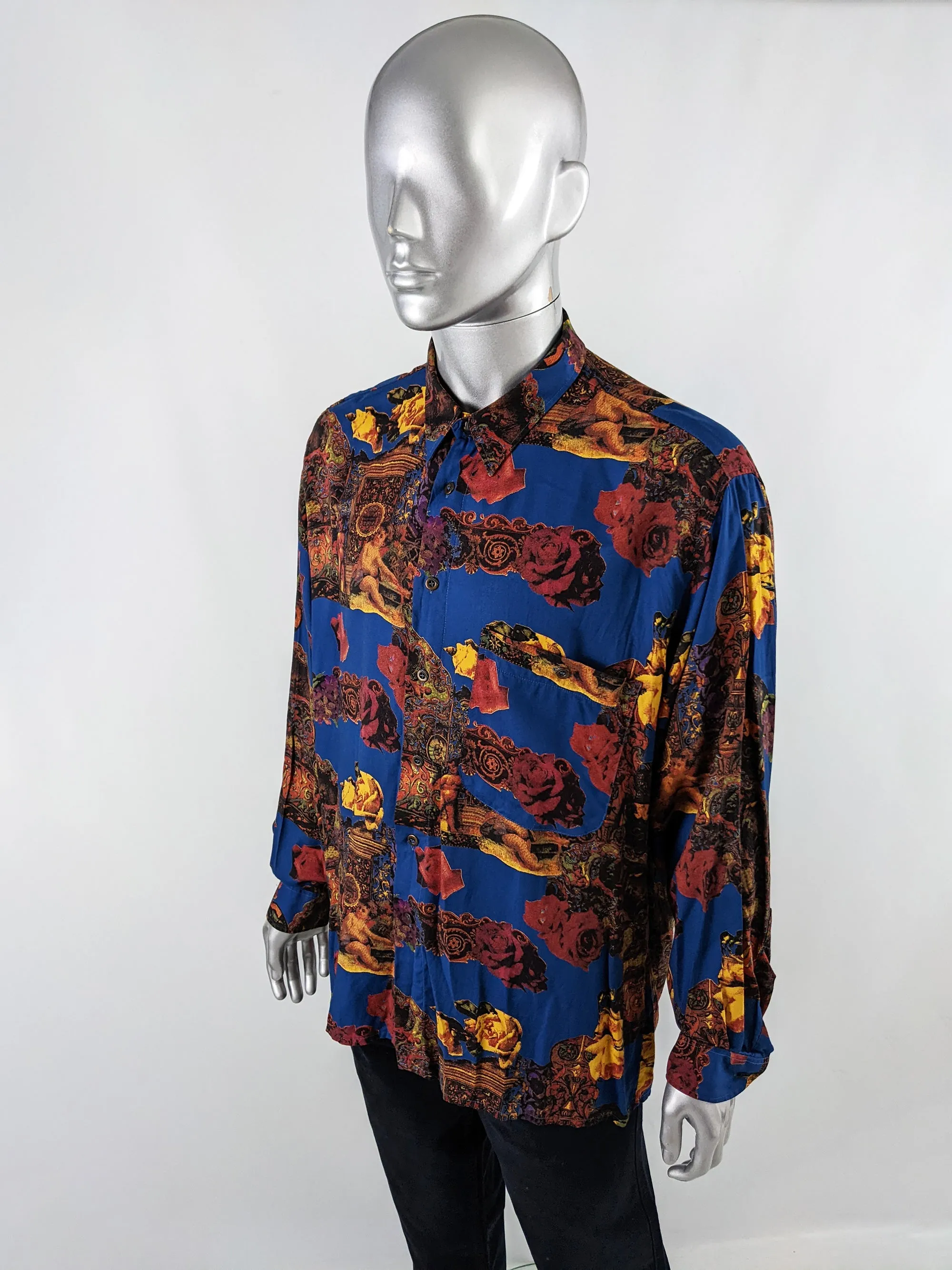 Zazzi Vintage Mens Blue Viscose Cherub Print Long Sleeve Shirt, 1980s