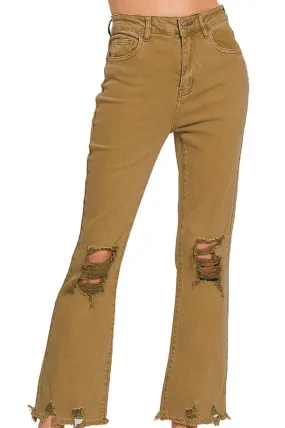 Zenana The Maci High Waist Distressed Straight Pants- Olive or Deep Camel